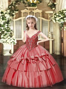 Lovely Floor Length Coral Red Kids Formal Wear Organza Sleeveless Beading and Ruffled Layers