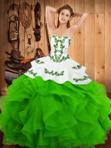  Green 15 Quinceanera Dress Military Ball and Sweet 16 and Quinceanera with Embroidery and Ruffles Strapless Sleeveless Lace Up