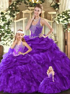  Purple Ball Gowns Beading and Ruffles Quince Ball Gowns Lace Up Organza Sleeveless Floor Length