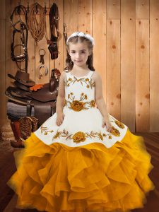 Fashionable Gold Sleeveless Embroidery and Ruffles Floor Length Kids Pageant Dress
