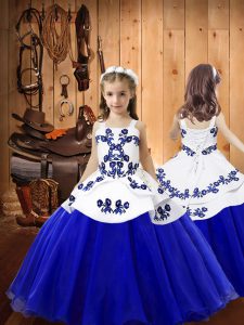  Blue Lace Up Straps Embroidery Girls Pageant Dresses Organza Sleeveless
