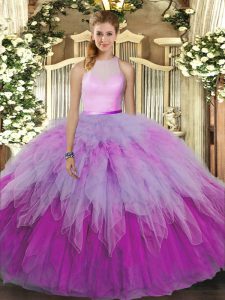 Colorful Multi-color Ball Gowns High-neck Sleeveless Organza Floor Length Backless Ruffles Quinceanera Dress