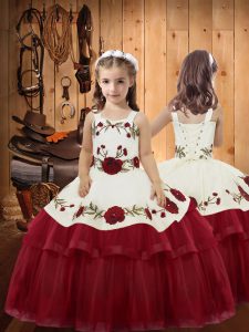  Straps Sleeveless Organza Little Girl Pageant Gowns Embroidery and Ruffled Layers Lace Up