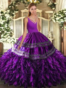 Excellent Organza Sleeveless Floor Length Sweet 16 Dress and Beading and Appliques and Ruffles