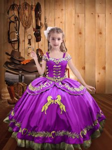  Floor Length Lilac Child Pageant Dress Satin Sleeveless Beading and Embroidery