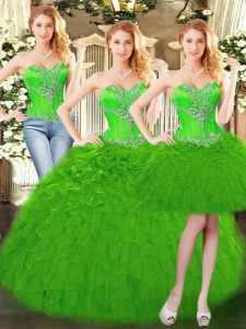 Free and Easy Green Lace Up Sweet 16 Dresses Beading and Ruffles Sleeveless Floor Length
