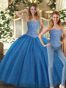  Teal Tulle Lace Up Sweet 16 Dress Sleeveless Floor Length Beading
