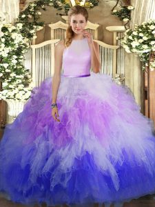 Dazzling Multi-color Ball Gowns Tulle High-neck Sleeveless Ruffles Floor Length Backless Quinceanera Gowns