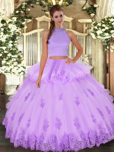 Edgy Lavender Sleeveless Floor Length Beading and Appliques and Ruffles Backless Quinceanera Gowns