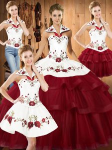 Comfortable With Train Lace Up 15 Quinceanera Dress Wine Red for Military Ball and Sweet 16 and Quinceanera with Embroidery and Ruffled Layers Sweep Train