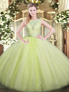 Spectacular Yellow Green Ball Gowns Lace Quinceanera Gown Backless Tulle Sleeveless Floor Length