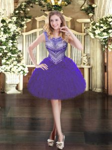 Custom Design Purple Scoop Neckline Beading and Ruffles Prom Dress Sleeveless Zipper