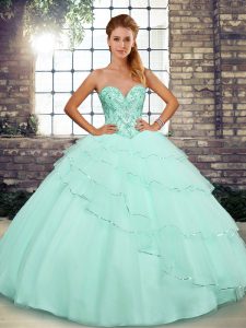  Apple Green Sweetheart Lace Up Beading and Ruffled Layers Quinceanera Gown Brush Train Sleeveless