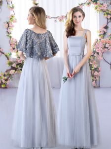  Grey Empire Appliques Quinceanera Court of Honor Dress Lace Up Tulle Sleeveless Floor Length