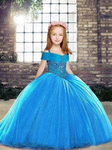 Discount Baby Blue Little Girl Pageant Gowns Party and Sweet 16 and Wedding Party with Beading Straps Sleeveless Brush Train Lace Up