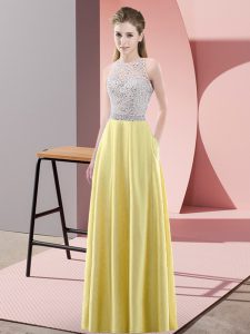  Yellow Empire Scoop Sleeveless Satin Floor Length Backless Beading Prom Party Dress