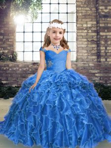  Blue Ball Gowns Beading and Ruffles Little Girls Pageant Gowns Lace Up Organza Sleeveless Floor Length