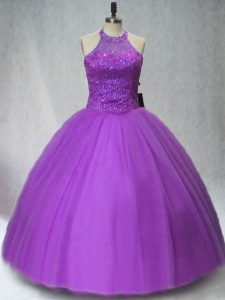 Trendy Purple Sleeveless Floor Length Beading Lace Up Vestidos de Quinceanera