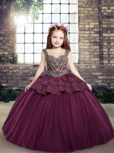 Affordable Straps Sleeveless Lace Up Pageant Gowns For Girls Purple Tulle