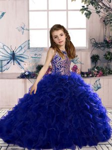  Royal Blue Ball Gowns Beading and Ruffles Pageant Gowns For Girls Lace Up Organza Sleeveless Floor Length