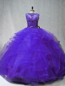 Free and Easy Sleeveless Beading and Ruffles Lace Up Quinceanera Gowns with Purple Brush Train