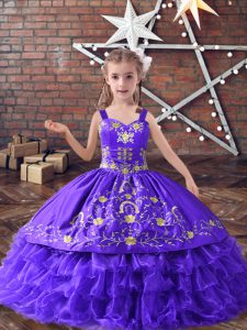 Fantastic Sleeveless Floor Length Embroidery and Ruffled Layers Lace Up Little Girls Pageant Dress Wholesale with Lavender