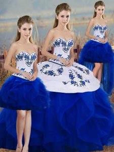  Royal Blue Sleeveless Embroidery and Ruffles and Bowknot Floor Length Ball Gown Prom Dress