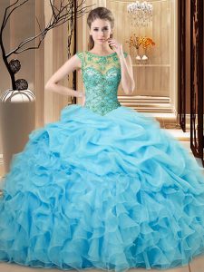 High End Floor Length Baby Blue Quinceanera Dresses Organza Sleeveless Beading and Ruffles