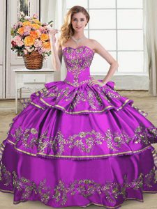 Eye-catching Purple Organza Lace Up Sweet 16 Quinceanera Dress Sleeveless Floor Length Embroidery and Ruffled Layers