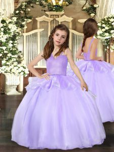 Fantastic Floor Length Lavender Girls Pageant Dresses Straps Sleeveless Lace Up