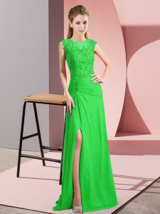 Super Green Chiffon Lace Up Scoop Sleeveless Floor Length Prom Party Dress Beading