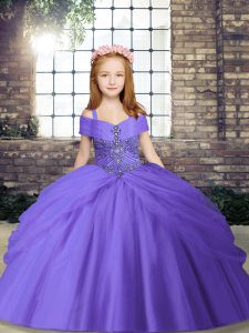  Ball Gowns Little Girls Pageant Gowns Lavender Spaghetti Straps Tulle Sleeveless Floor Length Lace Up