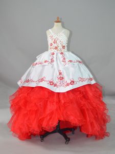 Fancy Lace Up Kids Pageant Dress White And Red for Wedding Party with Beading and Embroidery and Ruffles Sweep Train