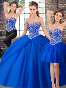  Royal Blue Three Pieces Beading and Pick Ups Sweet 16 Dresses Lace Up Tulle Sleeveless