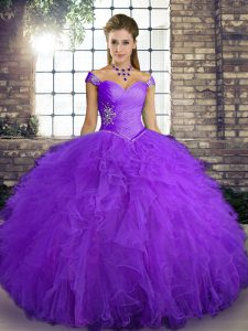 Wonderful Purple Ball Gowns Beading and Ruffles Vestidos de Quinceanera Lace Up Tulle Sleeveless Floor Length