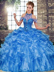 Shining Blue Ball Gowns Organza Halter Top Sleeveless Beading and Ruffles Floor Length Lace Up Quinceanera Gown