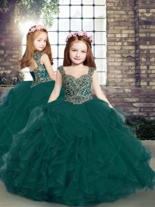 Beauteous Floor Length Ball Gowns Sleeveless Peacock Green Kids Formal Wear Lace Up
