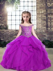 Best Purple Sleeveless Floor Length Beading and Ruffles Lace Up Child Pageant Dress