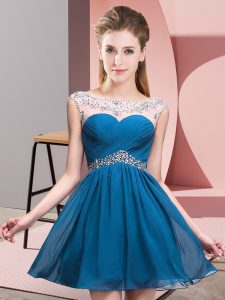  Blue Sleeveless Mini Length Beading Backless Dress for Prom