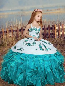  Aqua Blue Straps Lace Up Embroidery and Ruffles Little Girl Pageant Gowns Sleeveless