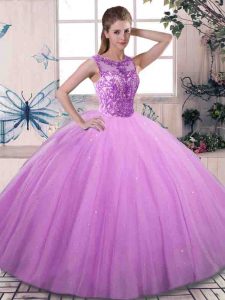 Customized Scoop Sleeveless Tulle Ball Gown Prom Dress Beading Lace Up