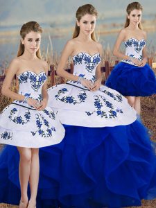Exceptional Royal Blue Tulle Lace Up Sweetheart Sleeveless Floor Length Quince Ball Gowns Embroidery and Ruffles and Bowknot