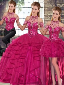  Halter Top Sleeveless 15 Quinceanera Dress Floor Length Beading and Ruffles Fuchsia Tulle