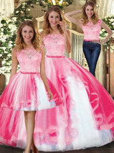  Floor Length Hot Pink Vestidos de Quinceanera Tulle Sleeveless Lace and Ruffles