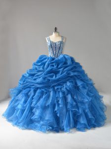 Graceful Blue Sleeveless Floor Length Beading and Ruffles Lace Up Quinceanera Gowns