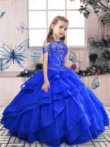  Floor Length Lace Up Little Girls Pageant Gowns Royal Blue for Party and Sweet 16 and Wedding Party with Beading
