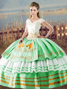 Nice Apple Green Satin Lace Up V-neck Sleeveless Floor Length Quince Ball Gowns Embroidery and Ruffled Layers