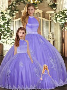  Lavender Ball Gowns Halter Top Sleeveless Tulle Floor Length Backless Beading and Appliques Quinceanera Gown