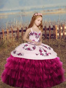 Excellent Fuchsia Ball Gowns Embroidery and Ruffles Kids Pageant Dress Lace Up Organza Sleeveless Floor Length