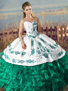  Green Ball Gowns Sweetheart Sleeveless Organza Floor Length Lace Up Embroidery and Ruffles 15th Birthday Dress